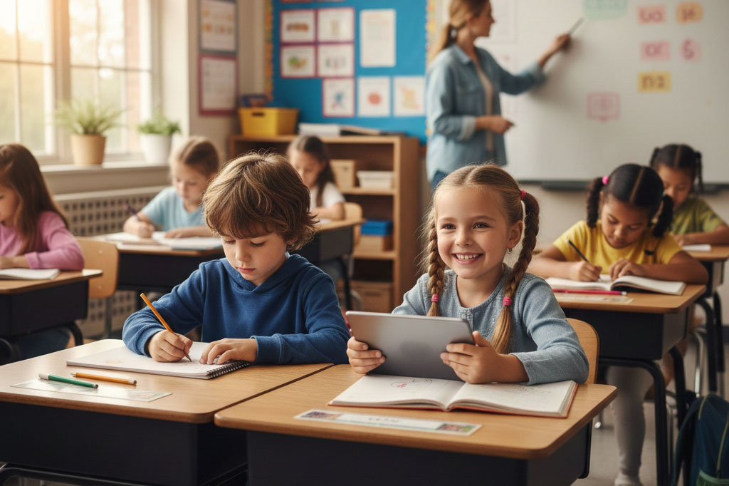 Ki-generiertes Bild von zwei Kindern in einer Schulklasse